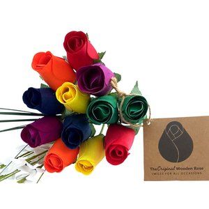 1 Doz Autism Aware Rainbow Wooden Roses Flower Bouquet. The Original Wooden Rose